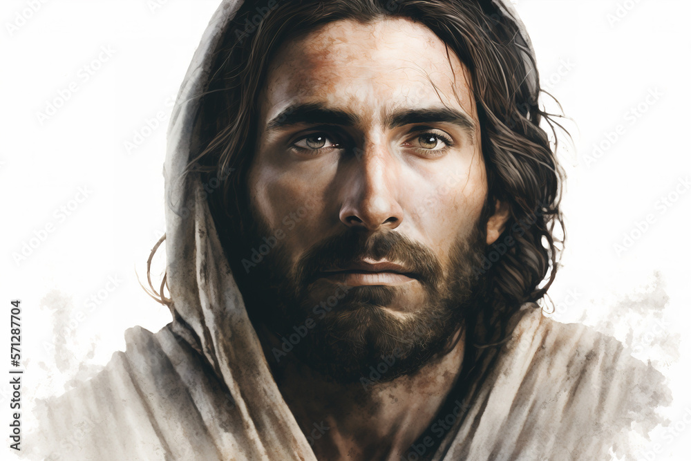 a portrait of the biblical figure, Jesus Christ on white background a portrait of the biblical figure, Jesus Christ on white background