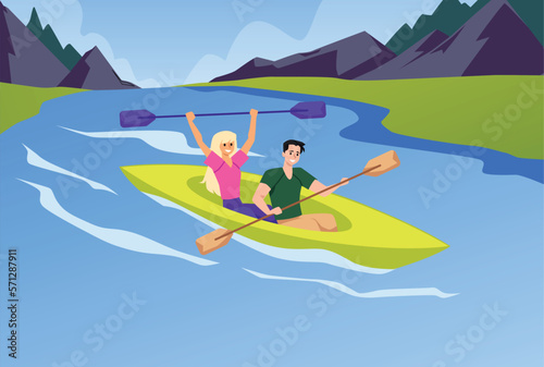 Young tourists couple traveling on kayak boat flat vector illustration.