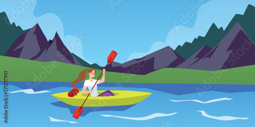 Kayaking adventure scenery background, flat cartoon vector illustration.