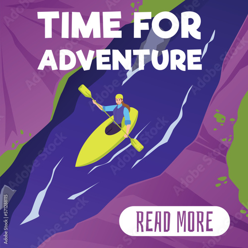 Time for adventure banner with tourists on kayaks on the river, flat vector.