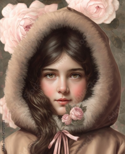 A girl in a fur-lined hooded coat. Pink roses in the background. Created using generative AI and image editing software.