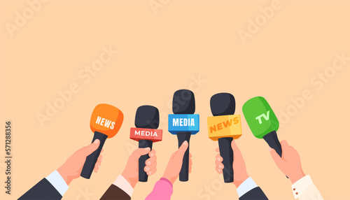 Microphones in the hands of people journalists. The concept of interviewing celebrities. Vector illustration photo