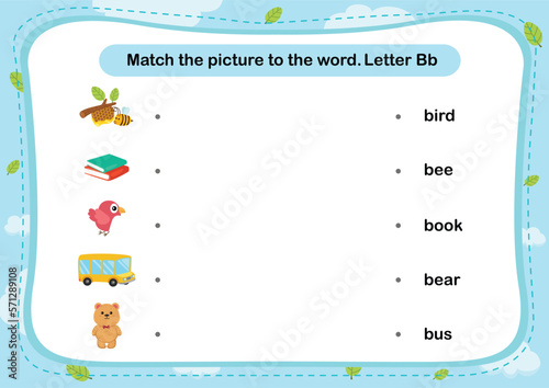 Match words with the correct pictures letter B illustration, vector