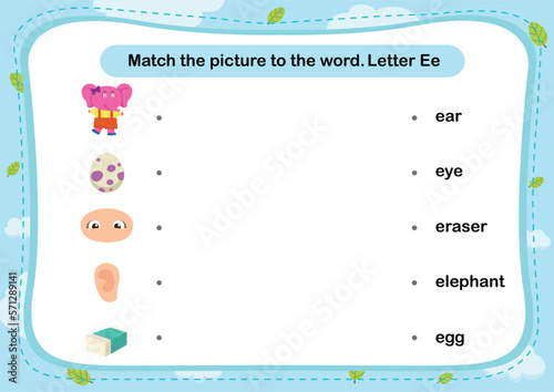 Match words with the correct pictures letter E illustration, vector