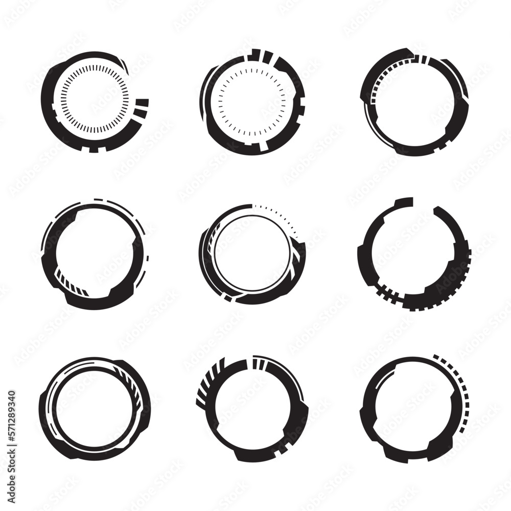 Geometric shape background, hud concept, futuristic technology. Hud round frames or borders, sci fi circular neon elements for ui interface Geometric shape background, hud concept, futuristic technology. Hud round frames or borders, sci fi circular neon elements for ui interface