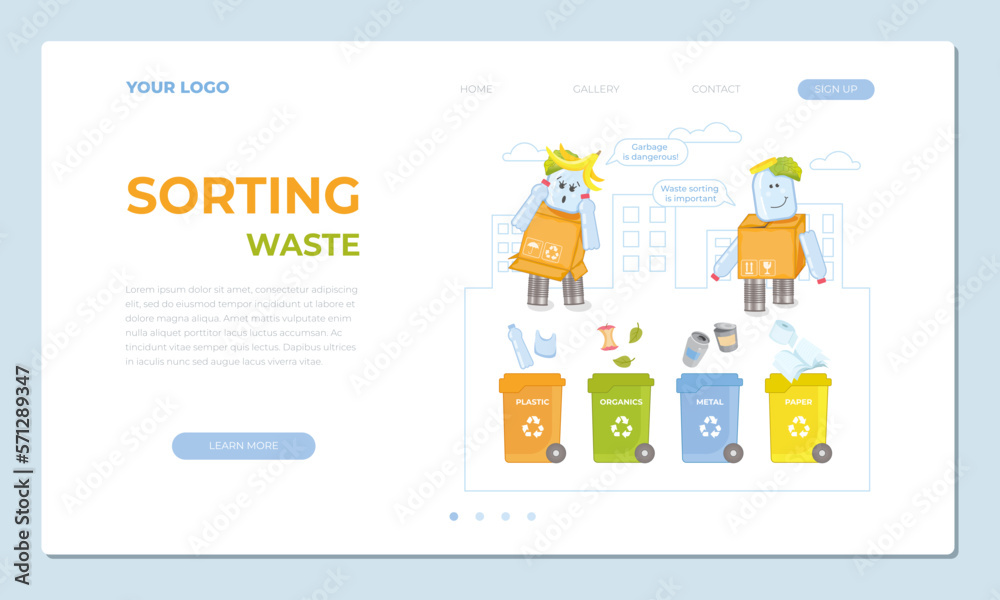 Template landing page website about waste sorting. Concept of trash sorting and recycling, waste sorting. Modern vector illustration for the website.