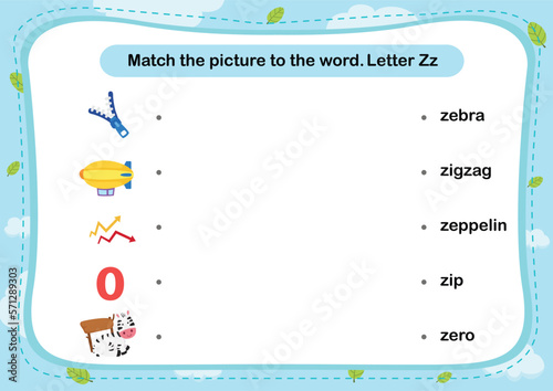 Match words with the correct pictures letter Z illustration, vector