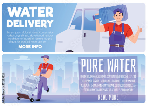 Water delivery service business posters or flyers set flat vector illustration.