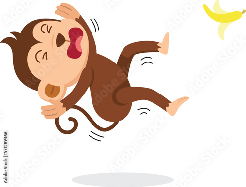 Watch your step. monkey slipping on a banana peel isolated illustration vector
