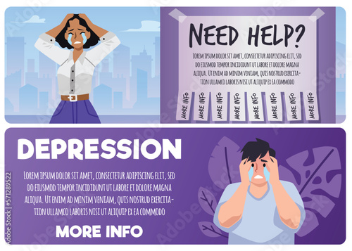 Set of website banner templates about depression flat style