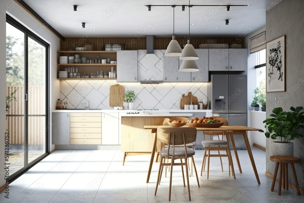 Light kitchen interior with dining table, bar island, and chairs. Deck ...