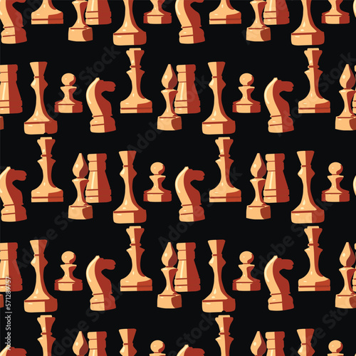 Elegant wooden chess in flat style on a black background. Luxury seamless pattern.