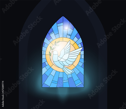 Beautiful colored stained glass windows. Temple mosaic glass windows, room lighting. Vector illustration