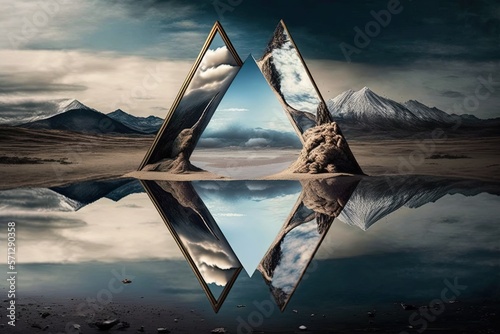 mirror surreal landscape with reflections of elements or inversions of each other, creating a mirror dimension that is both familiar and unfamiliar at the same time illustration generative ai photo