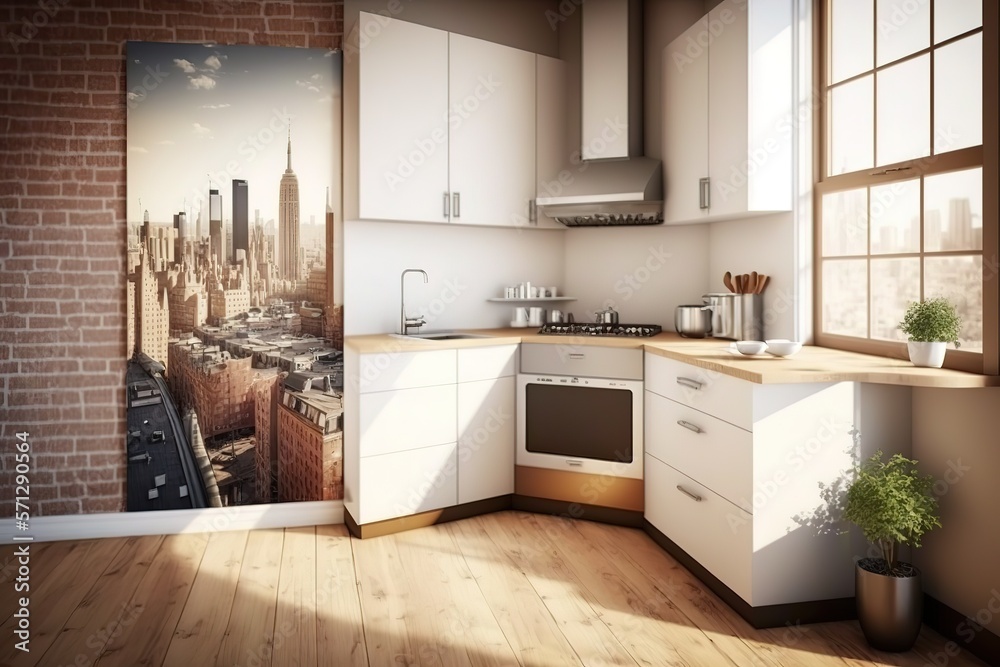 Corner of a stylish kitchen with white and brick walls, wooden floor ...