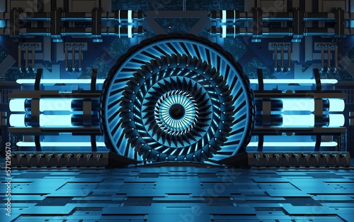 Sci-fi portal turbine background. Blue neons cyberounk background. Futuristic circle portal, technology strokes, AI, network, motherboard 3d render tunnel. CG industrial elements light, gaming