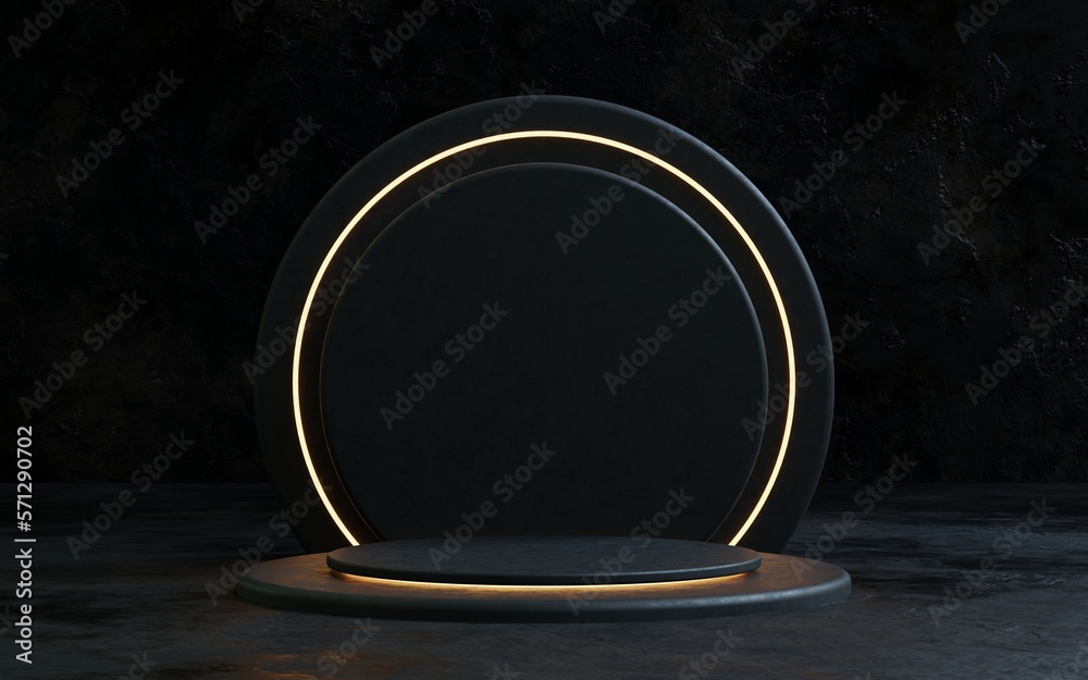 3d luxury black background with gold elements. Yellow light, podium, pedestal empty showroom product presentation, cosmetic luxury background stand. Gold light ring. Black marble vip background 3d luxury black background with gold elements. Yellow light, podium, pedestal empty showroom product presentation, cosmetic luxury background stand. Gold light ring. Black marble vip background