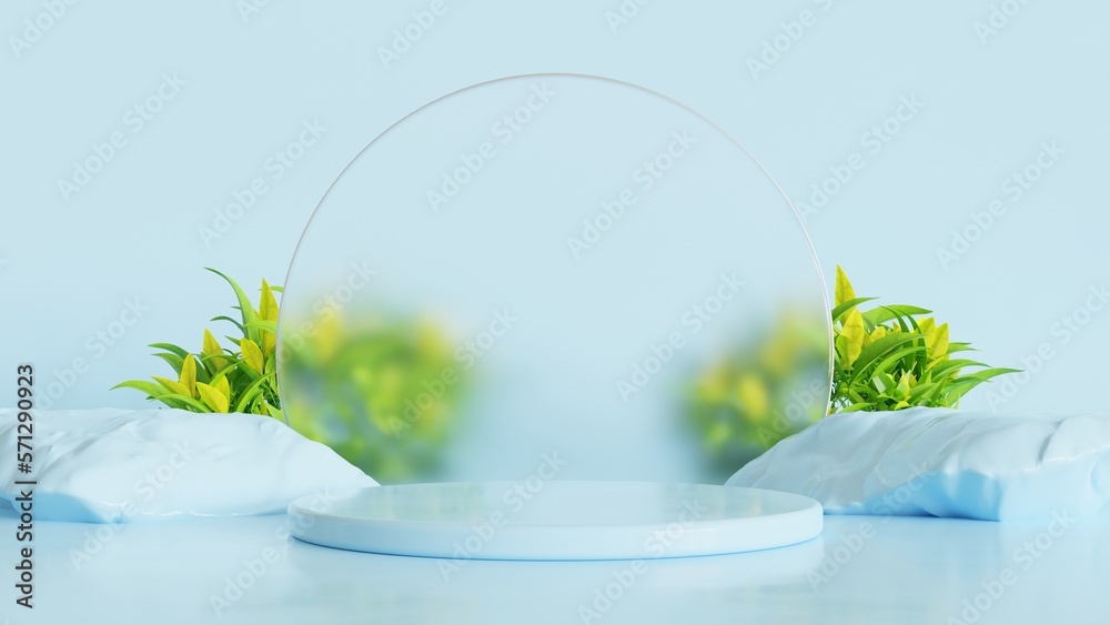 3d blue sky background with podium for product presentation beauty, cosmetic, fashion showroom. Empty cloud sky blue backdrop clean composition. Modern and design milk glass circle. Pastel color space - obrazy, fototapety, plakaty 