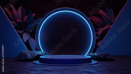 3d neon gaming background with podium for product presentation, futurism gaming empty room showroom glow technology glowing neon circle. Futurustic cyberpunk background game glow neons blue and pink.