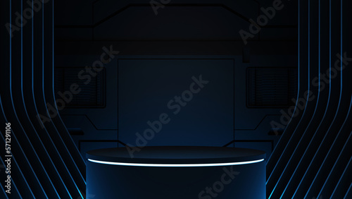 3d render background gaming stand pedestal, podium, cylinder box background for product presentation, neon black blue ligh, abstract background technology empty showroom, award, product