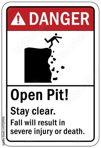 Open trench and pit sign and labels open pit, stay clear. Fall wil result in severe injury or death