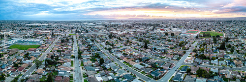 San leandro Bay Area. Sunset Drone Panorama. photo