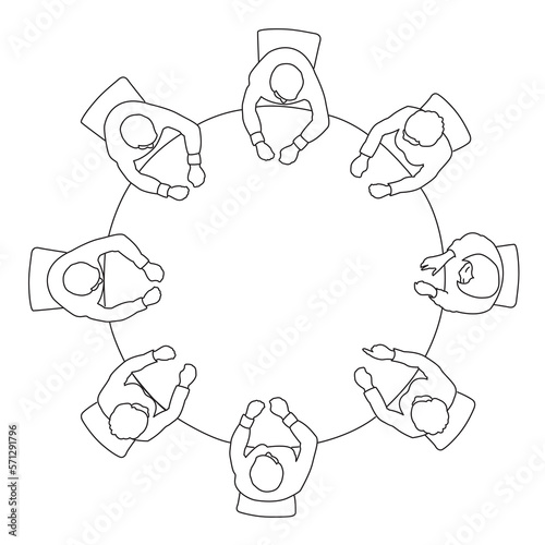 Line art drawing of business meeting top view on circle table conference office team .