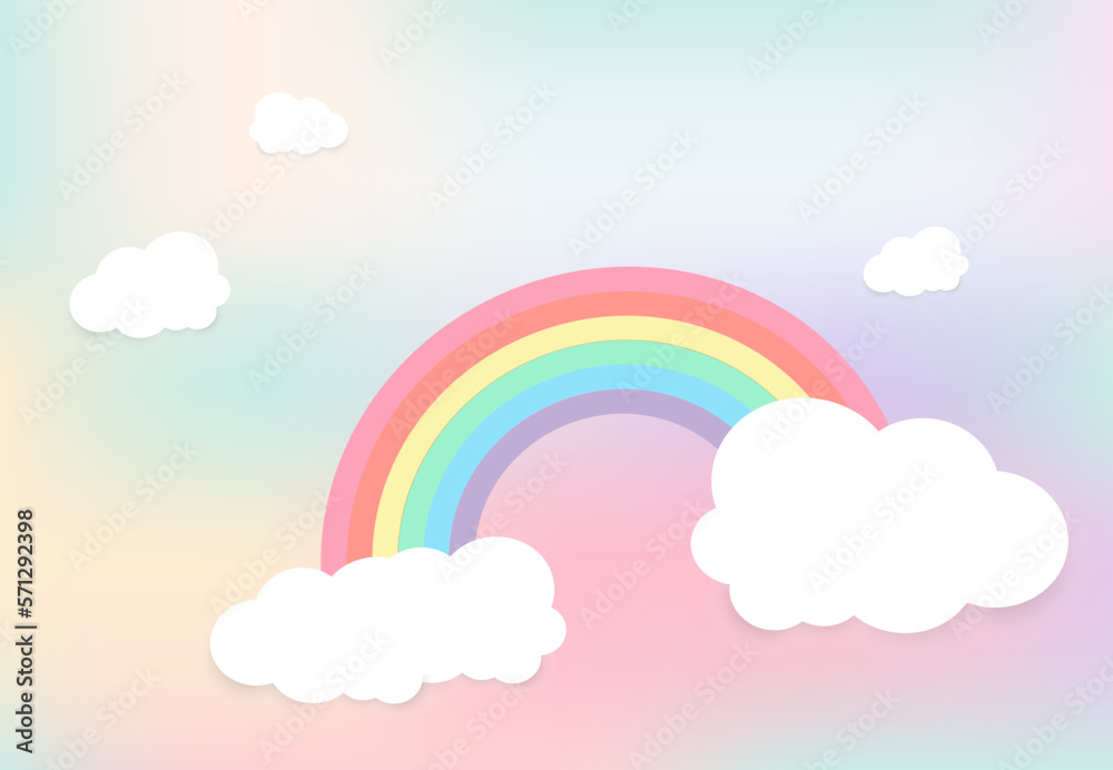 Beautiful Clouds shapes on rainbow sky background. with pastel color. A Paper cut design for kid and family concept