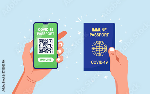 Human hand holding smartphone with health passport app, which indicates vaccination against covid-19. Electronic Immunity certificate. QR code on phone screen. Travel without restrictions worldwide