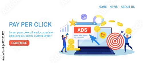 Pay Per Click concept. Advertising marketing in the internet. PPC business, CPC technology, sponsored listing. Tiny characters standing near laptop screen with cursor clicking on ad button. Web search