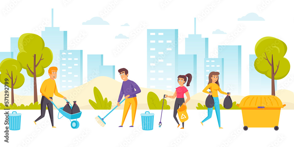 Happy men and women cleaning up city street. Group of young ecologists, volunteers or eco activists picking up and disposing garbage in park. Community service work. Flat cartoon illustration.