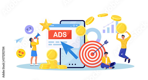 Pay Per Click concept. Advertising marketing in the internet. PPC business, CPC technology, sponsored listing. Tiny characters standing near phone screen with cursor clicking on ad button. Web search