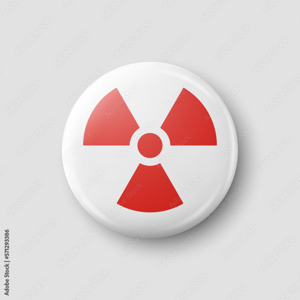 Vector 3d Realistic Round Red and White Warning, Danger Nuclear Symbol Isolated on White Background. Radioactive Warning Sign, Pin Badge, Button. Design Template. Front, Top View Vector 3d Realistic Round Red and White Warning, Danger Nuclear Symbol Isolated on White Background. Radioactive Warning Sign, Pin Badge, Button. Design Template. Front, Top View