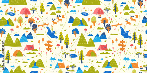 Cute hand drawn vector seamless pattern with camping doodles, tents, landscape and trails, great for textiles, banners, wallpapers