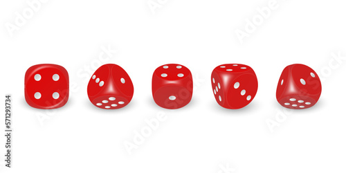Vector 3d Realistic Red Game Dice with White Dots Icon Set Closeup Isolated on White Background. Game Cubes for Gambling in Different Positions, Casino Dices, Round Edges