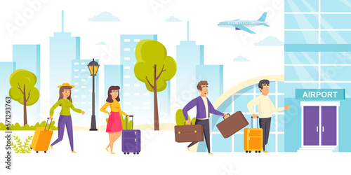 Happy men and women with suitcases walking towards airport terminal building. Funny tourists or travelers with baggage or luggage hurry for flight departure. Flat cartoon illustration.