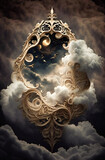 Magical fantasy object in the sky. Filigree structure with clouds around. Created with Generative AI technology.