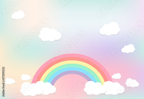 Pastel Rainbows With smooth white Clouds on gradient pastel Vector Illustration