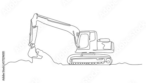 Continuous line art or One Line drawing of excavator for digging soil vector illustration, business transportation. heavy equipment vehicle construction concept. modern continuous line drawing design 