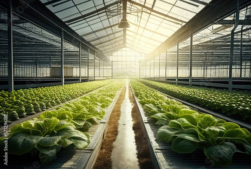 Large glass greenhouse with green plants and vegetables, industrial lettuce cultivation. Generative AI