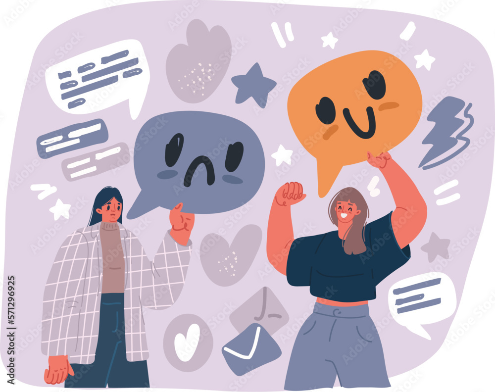 Cartoon vector illustration of Speech bubbles with emoticons. Happy and sad facial symbols, emojis. Positive and negative. Feedbacks Cartoon vector illustration of Speech bubbles with emoticons. Happy and sad facial symbols, emojis. Positive and negative. Feedbacks