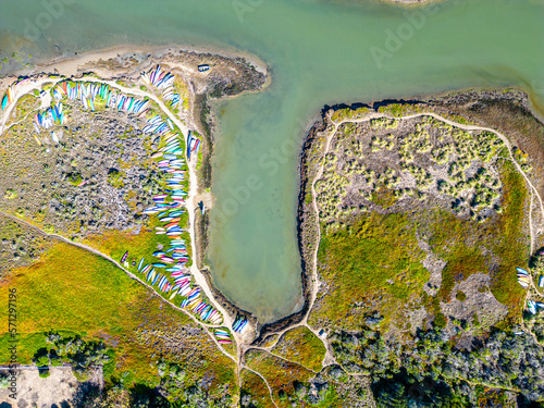 Aerial shot of bay with kayak, boats, sup and canoe. Birdview shot. California