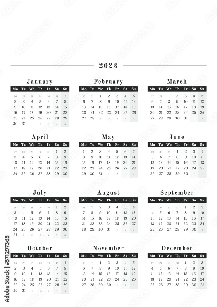 Vertical Calendar for year 2023 in neutral black and white design Vertical Calendar for year 2023 in neutral black and white design