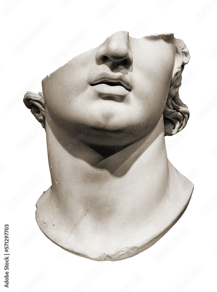 Antique broken marble head of a Greek youth isolated - obrazy, fototapety, plakaty 