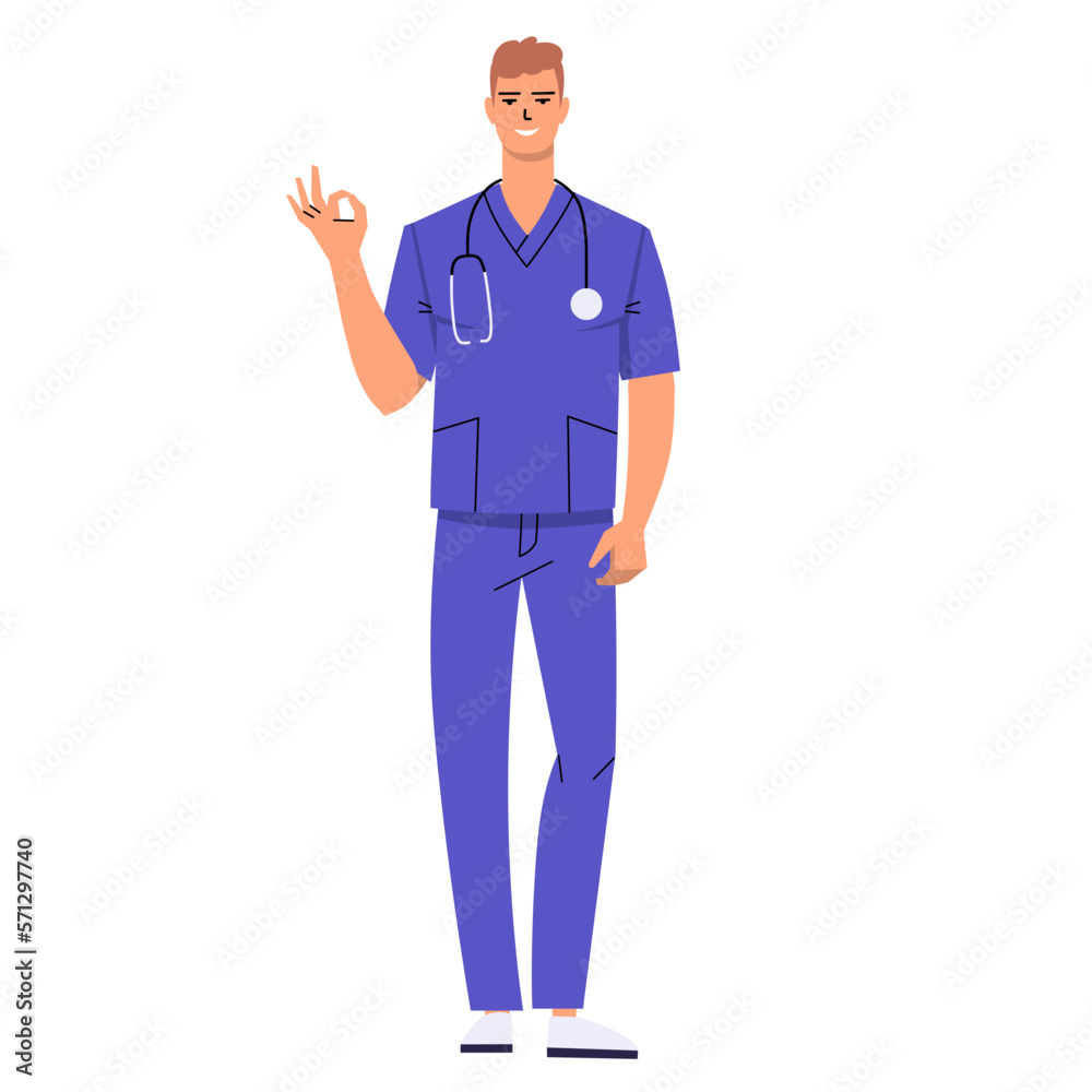 Young male nurse gesturing ok. The doctor gestures to show that everything is fine, cool and perfect. A character with a stethoscope and wearing scrubs. Flat vector isolated on white background. Young male nurse gesturing ok. The doctor gestures to show that everything is fine, cool and perfect. A character with a stethoscope and wearing scrubs. Flat vector isolated on white background.