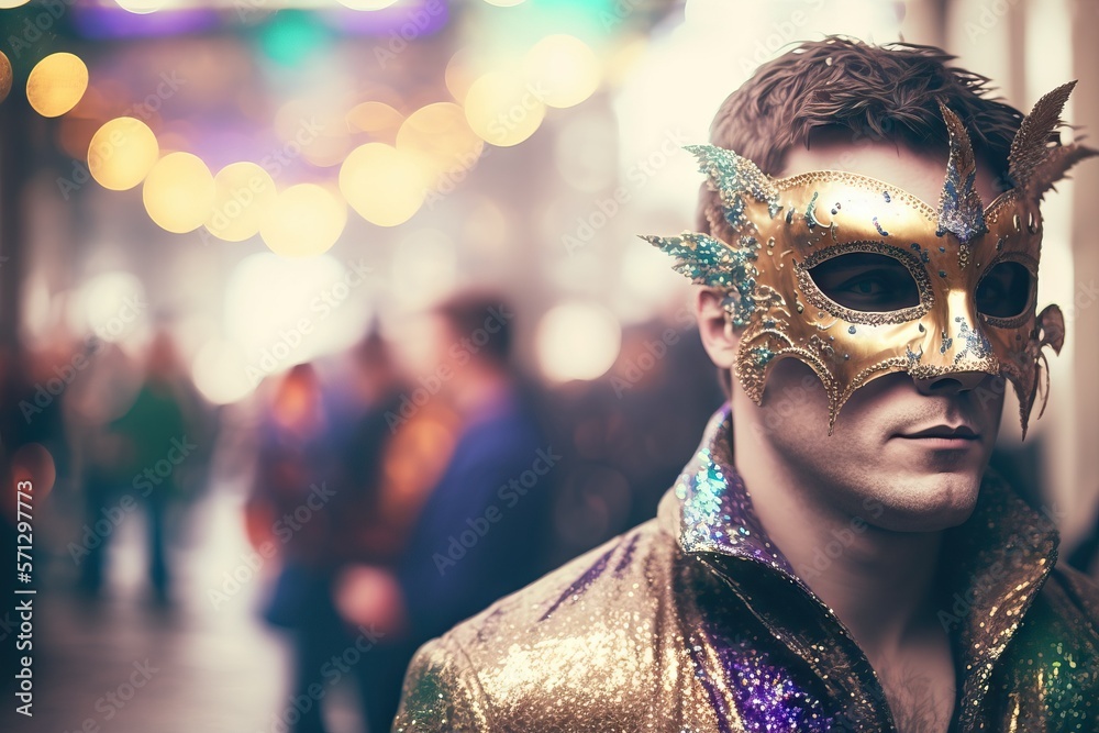 Carnival participant: man wearing a carnival mask in the street. Masquerade or Mardi Gras participant. AI generated imaginary person. Carnival participant: man wearing a carnival mask in the street. Masquerade or Mardi Gras participant. AI generated imaginary person.