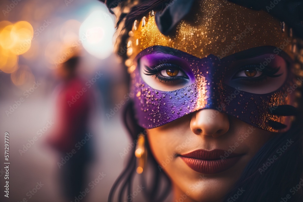 Carnival participant: beautiful Caucasian female wearing a carnival mask in the street. Masquerade or Mardi Gras participant. AI generated imaginary person.