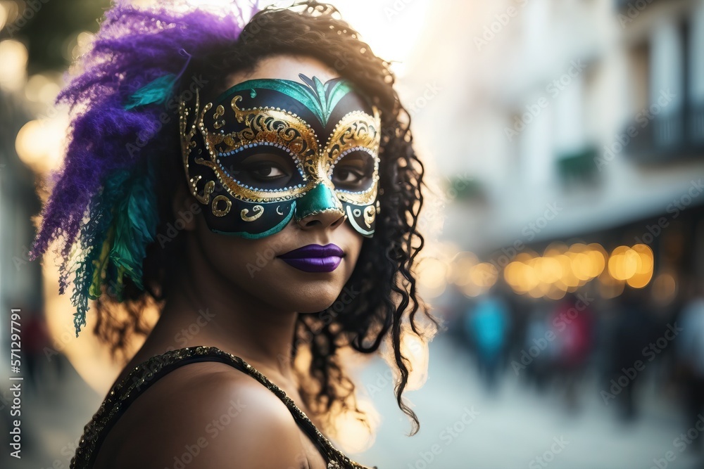 Carnival participant: person wearing a carnival mask in the street. Masquerade or Mardi Gras participant. AI generated imaginary person.