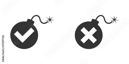 Bomb icon with check mark and cross signs. Vector illustration.