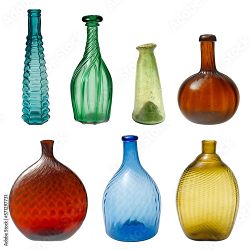 Old colorful glass bottle collection isolated